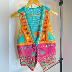 Doubled Ranch.Boho Embroidered Crochet-Trim Crop Vest - Turquoise, Orange & Pink